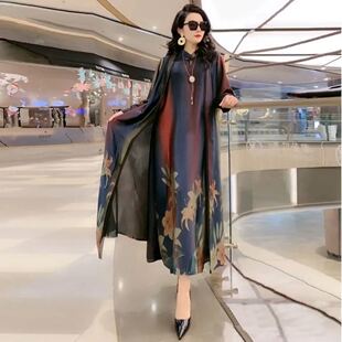 阔太太气质印花真丝桑蚕丝连衣裙两件套女2022春夏新款大码套装裙