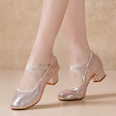 夏季 新疆舞广场舞练舞演出鞋 舞蹈鞋 女中跟儿童软底银金色跳舞鞋