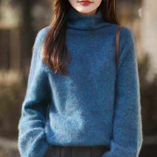 秋冬慵懒风806 女针织落肩袖 羊绒拉毛堆堆领高领厚款 百搭网红长袖