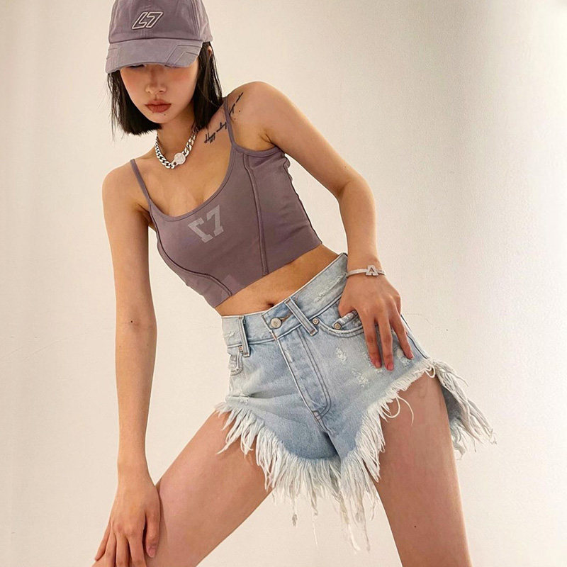 毒家潮牌 高腰显瘦毛边乞丐裤性感牛仔短裤女2023年夏季破坏流苏