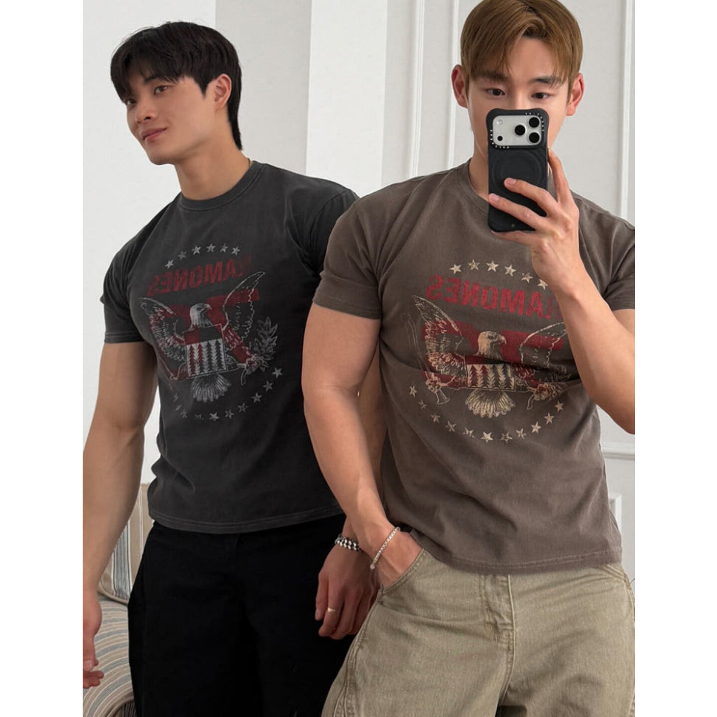 MRDONG韩国代购男装复古乐队鹰图酵洗短袖圆领修身印花T恤款潮感