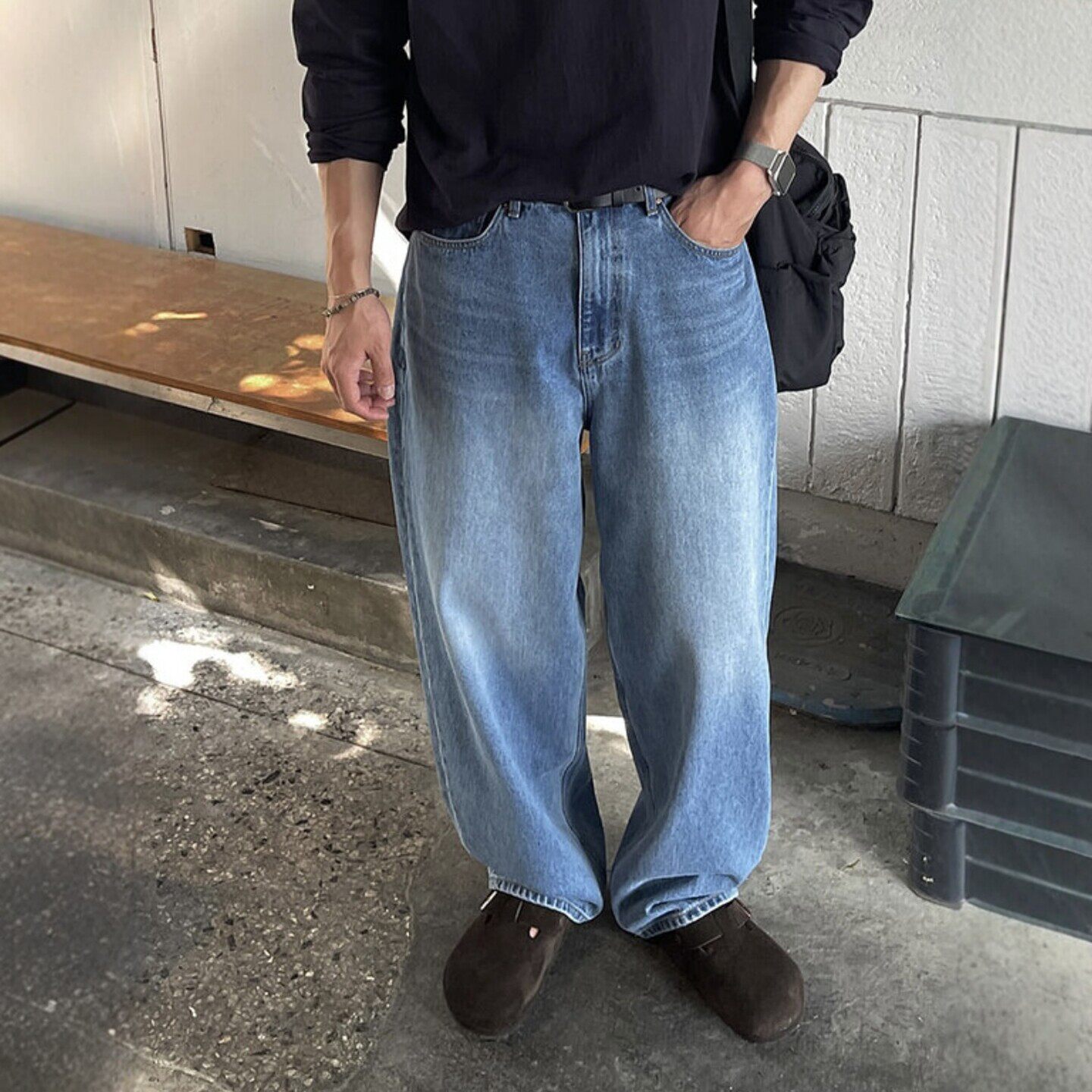 韩国代购男装直播HOWELL百货级高品2色阔腿水洗堆积春夏款牛仔裤