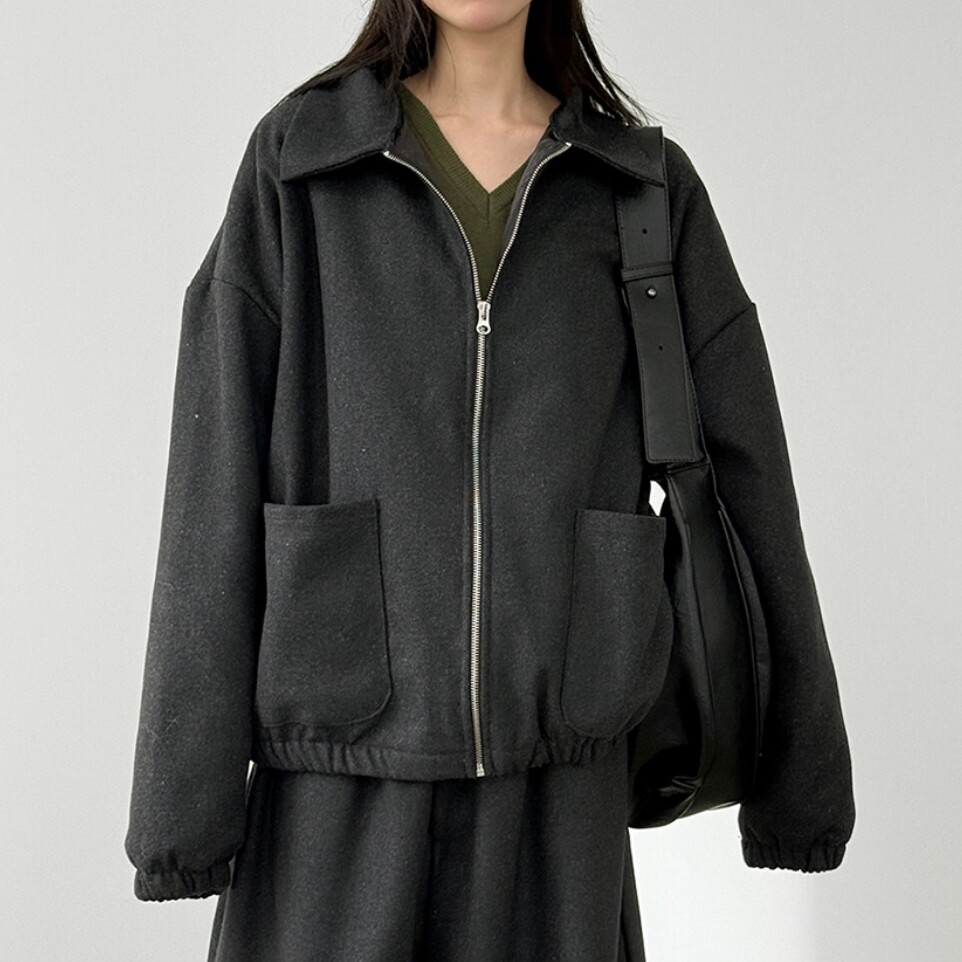 MRDONG韩国代购男女款休闲毛呢翻领简约大口袋设计师宽松夹克外套