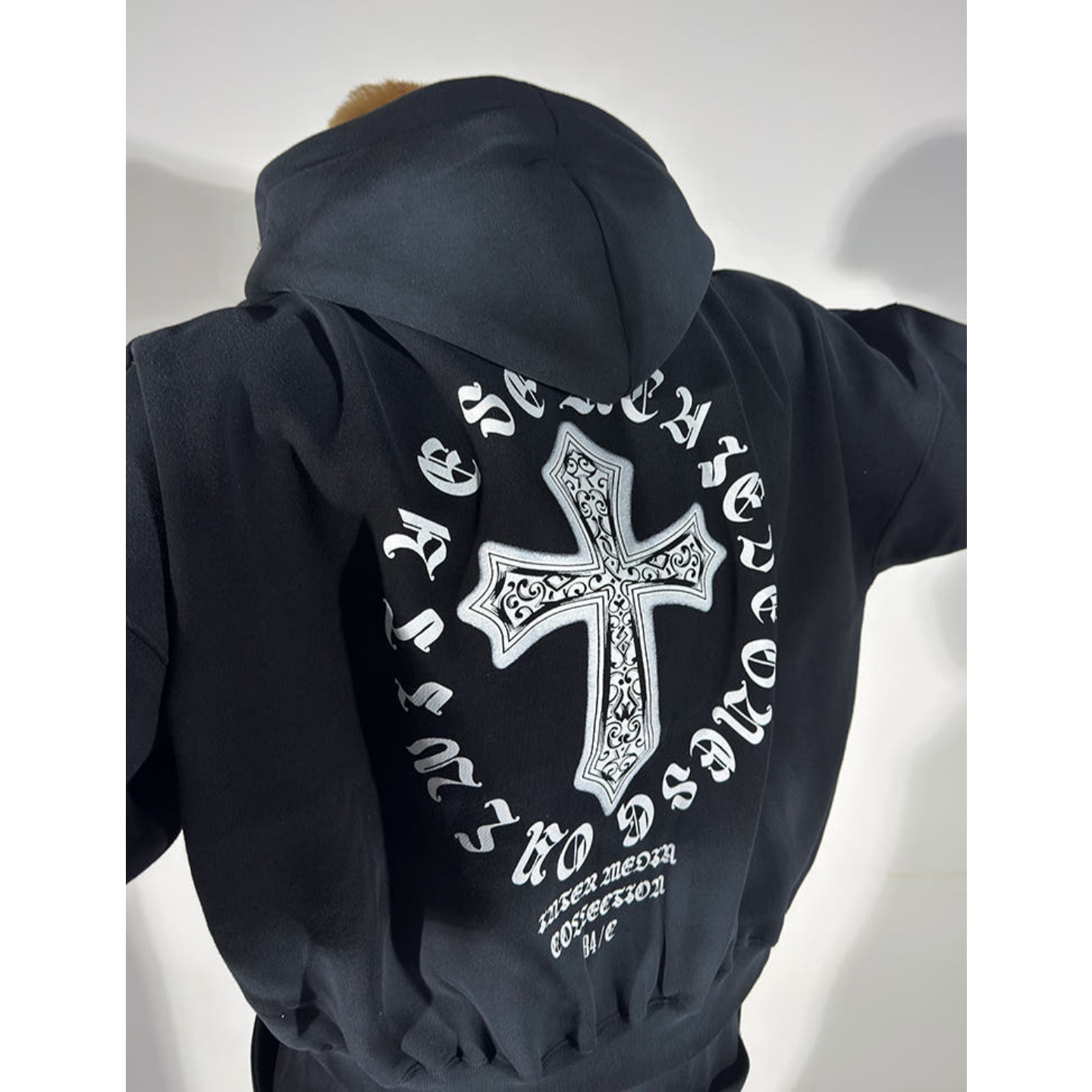 MRDONG韩国男装代购dirtyfit污渍喷墨街头十字架阔版连帽卫衣外套