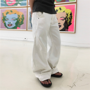 MRDONG韩国男装 代购 重工高档设计师弧形拼接线猫须水洗阔腿牛仔裤