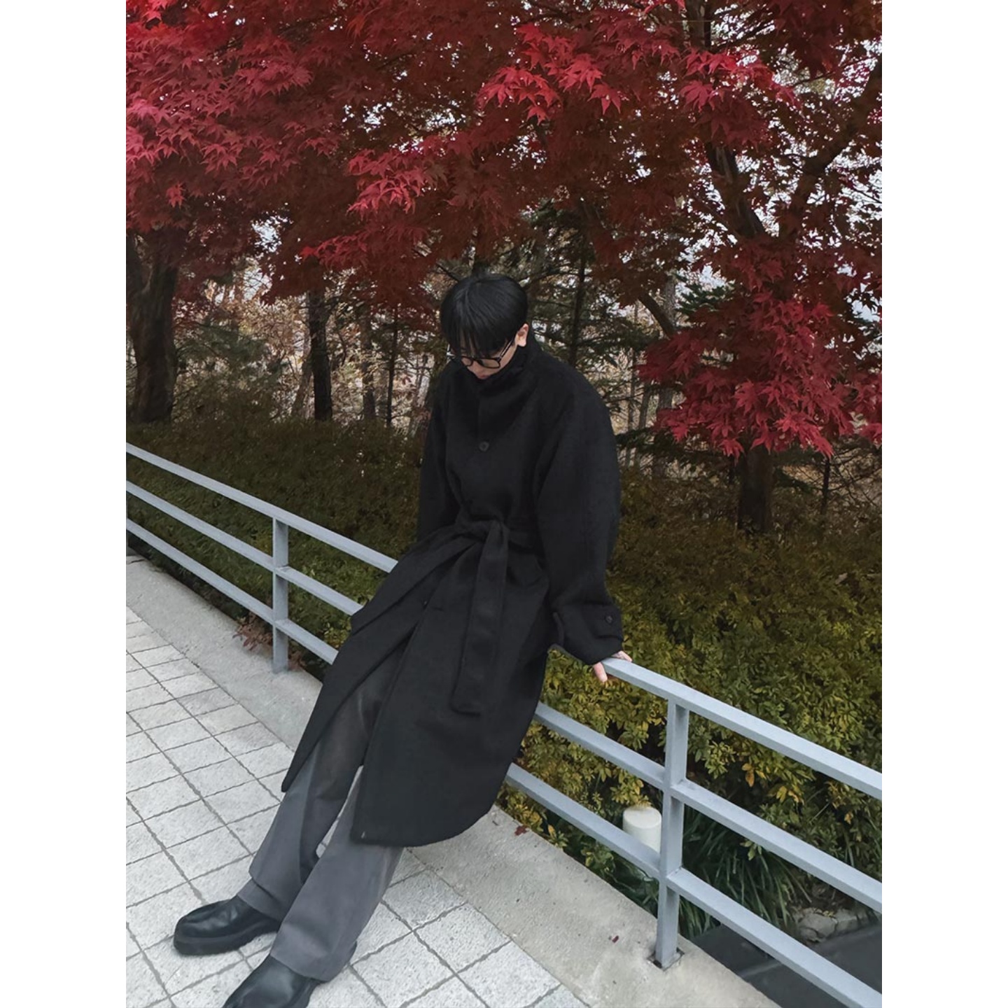 MRDONG韩国男装代购重磅毛绒肌理感设计师腰带插肩袖毛呢大衣外套