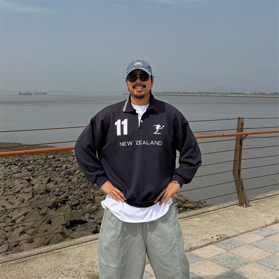 MRDONG韩国男装代购重工数字刺绣运动休闲POLO翻领宽松学院风卫衣