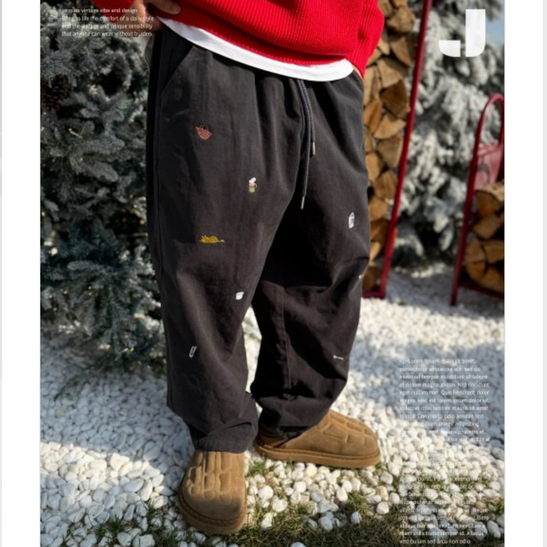 韩国代购加绒刺绣宽松休闲长裤