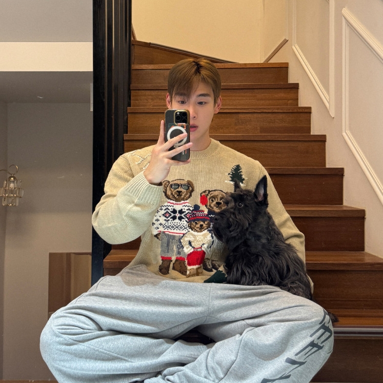 韩国男装美利奴羊毛圣诞熊针织衫