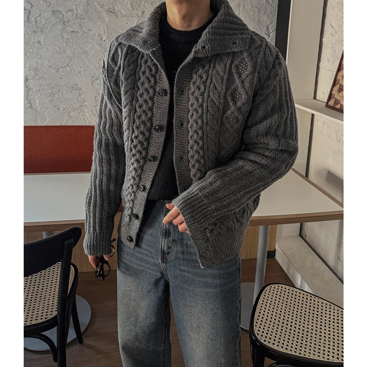 MRDONG韩国代购男装立体麻花高领纽扣加厚羊毛针织开衫外套小众感,男装,针织衫/毛衣,淘宝优惠券,粉丝福利购,淘宝优惠卷