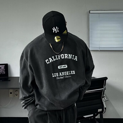 韩国男装水洗色美式街头圆领卫衣