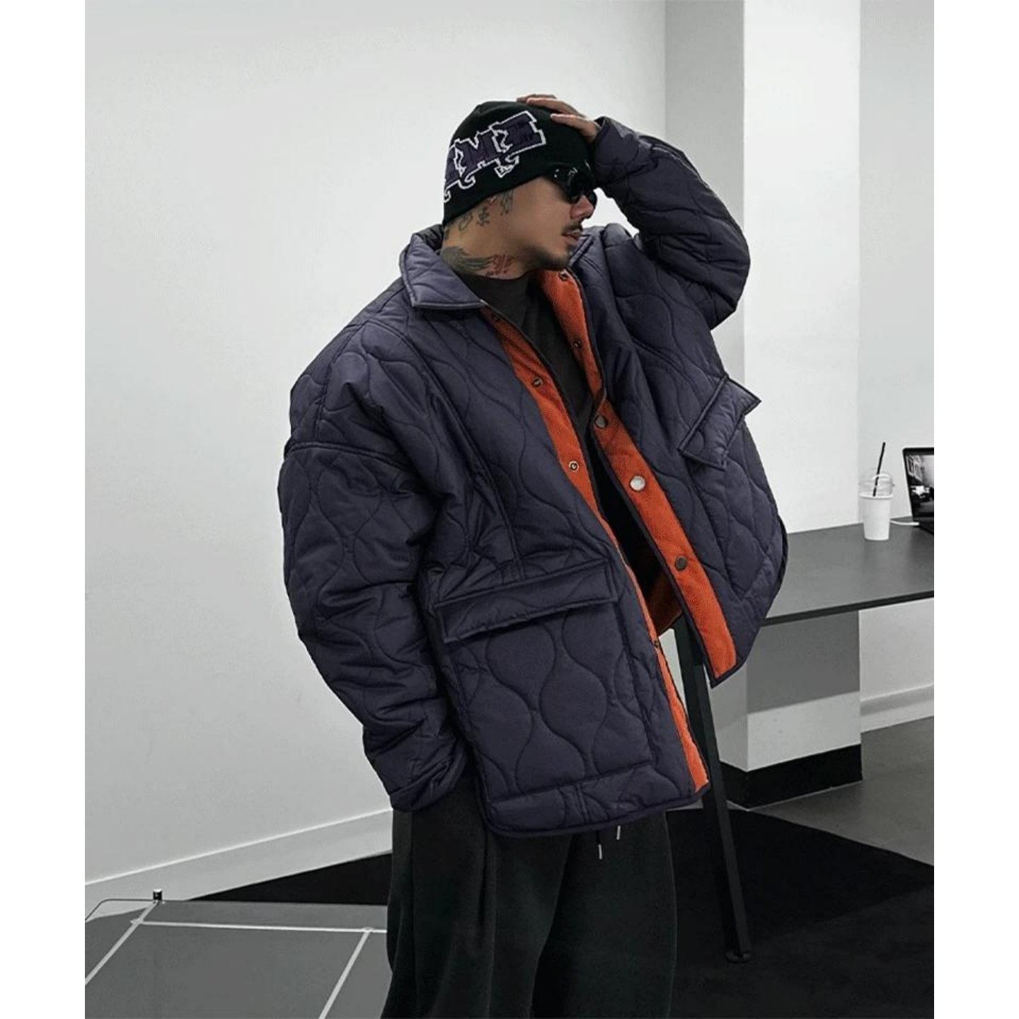 MRDONG韩国代购男装A字绗缝可翻穿轻量阔版棉服外套叠搭层次感强