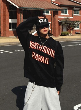 MRDONG韩国代购男装夏威夷字母提花针织圆领宽松长袖毛衫毛衣春季