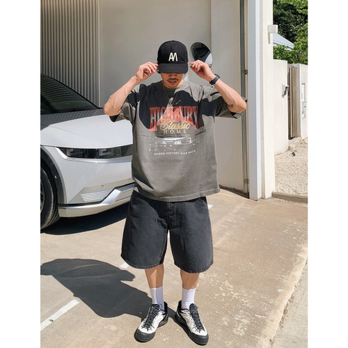 韩国代购复古印花美式街头短袖T