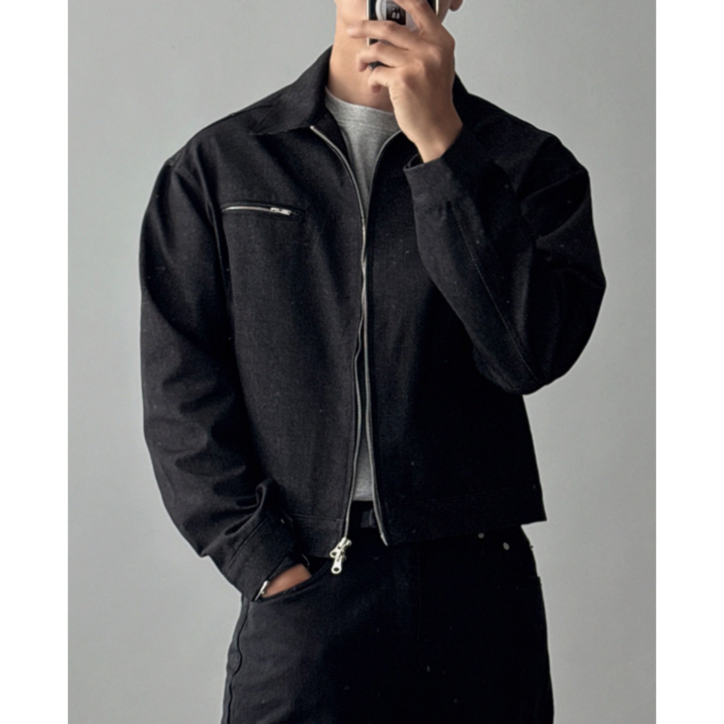 韩国男装翻领拉链丹宁色牛仔夹克