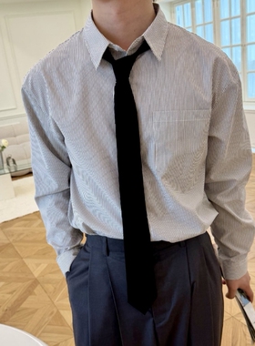 MRDONG韩国代购男装轻熟高品休闲细条纹翻领设计感宽松长袖衬衫