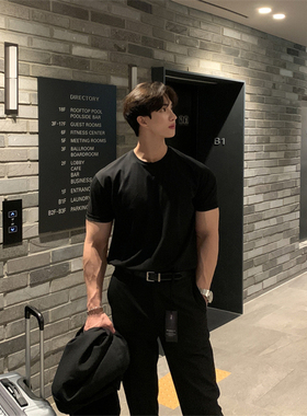 MRDONG东大门韩国男装代购纯色百搭净版微弹圆领打底休闲短袖T恤