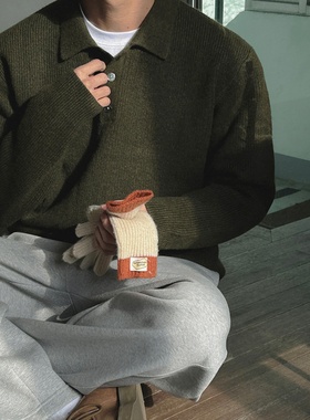 MRDONG韩国代购男装LOGAN冬季单排扣翻领套头针织衫柔软保暖