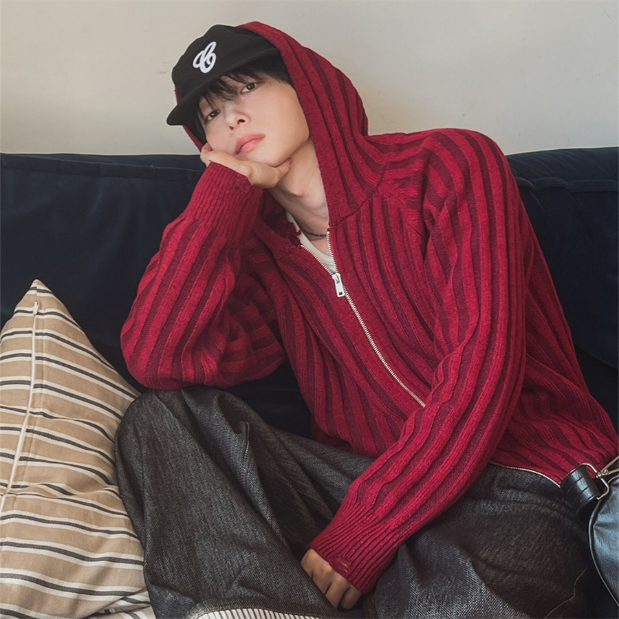 韩国男装坑条破损设计师针织开衫