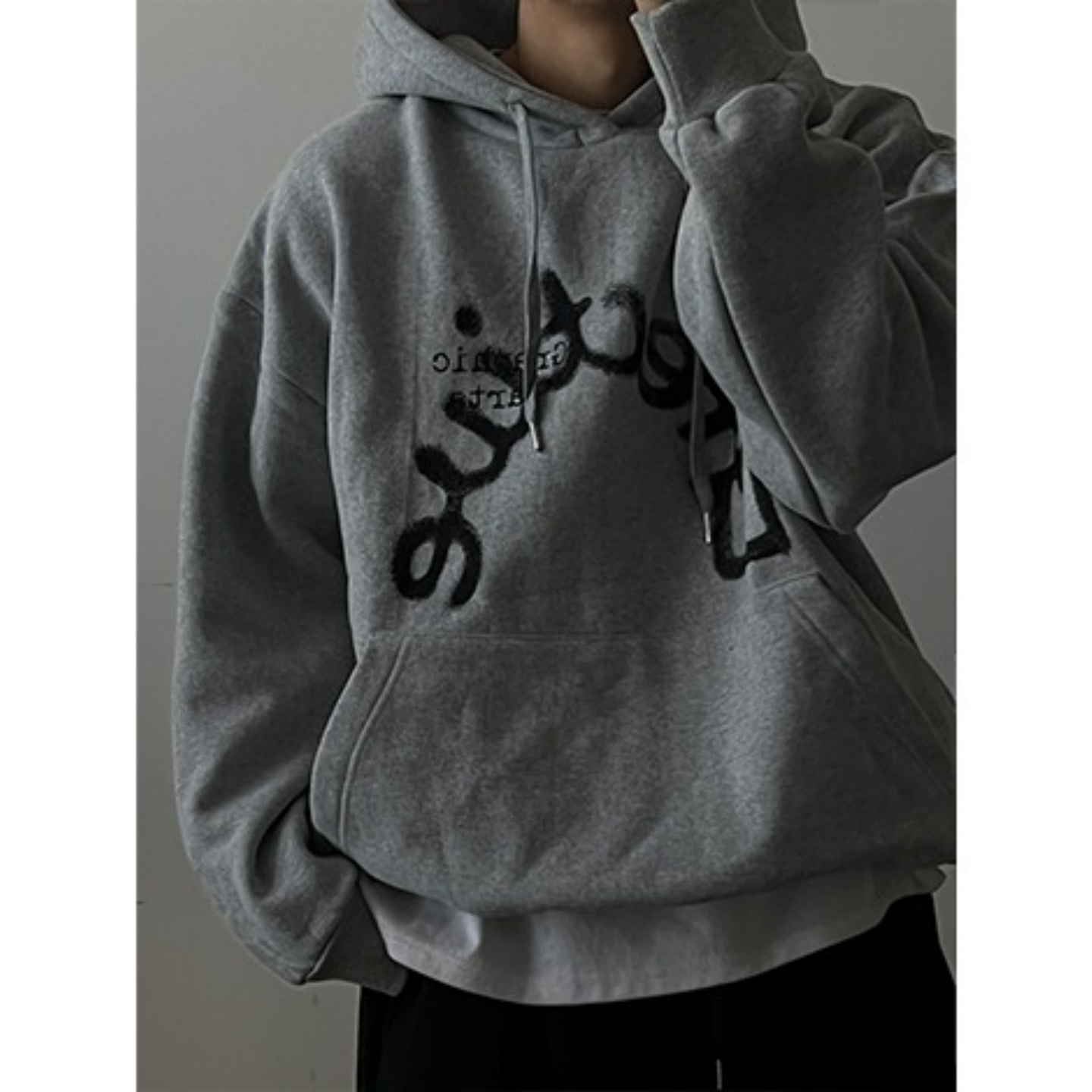 MRDONG韩国代购男装抓绒英文印花加绒套头连帽卫衣冬季宽松情侣款