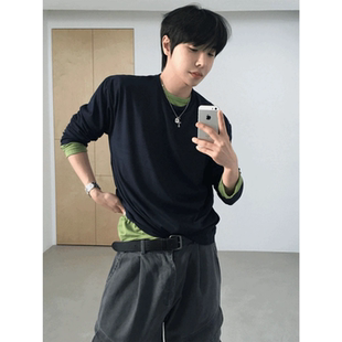 宽松纯色打底衫 MRDONG韩国代购 内搭薄款 8色层次开衩长袖 T恤 男装