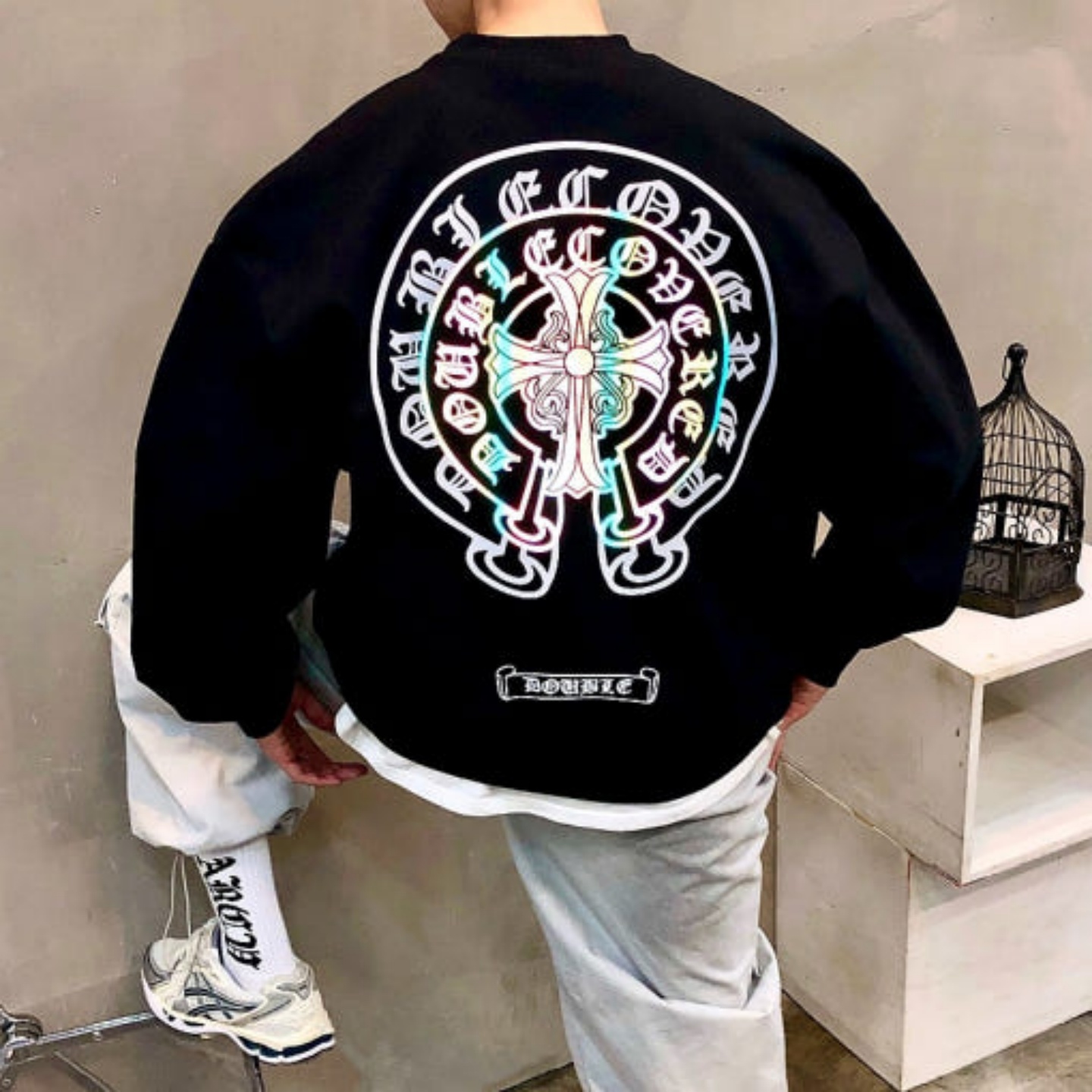 韩国男装个性十字架3M反光卫衣