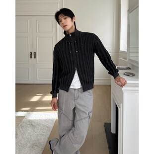 极简灰黑气质感外套 春新坑条立领针织拉链短衫 MRDONG韩国代购 男装