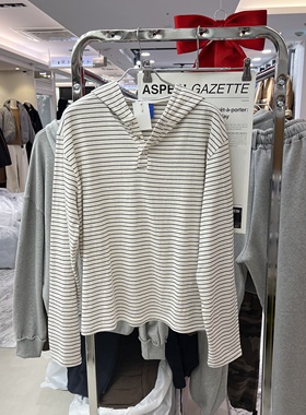 韩国男装代购直播PLLP极简风休闲设计师亲肤条纹宽松连帽长袖T恤