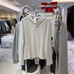 T恤 直播PLLP极简风休闲设计师亲肤条纹宽松连帽长袖 韩国男装 代购