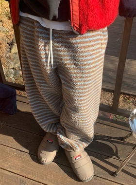 韩国代购直播OREO厚摇粒绒条纹秋冬可爱男女同款宽松束脚休闲卫裤