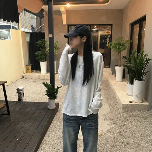 韩国代购毛边竹节棉宽松长袖T恤