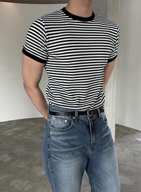 MRDONG韩国代购男装小众弹力条纹短袖圆领修身撞色针织上衣T恤