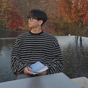 T恤 落肩慵懒风OVERSIZE水洗磨毛重工条纹长袖 MRDONG韩国男装 代购