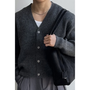 MRDONG韩国代购男装厚实V领开衫针织外套宽松比例高级感短款