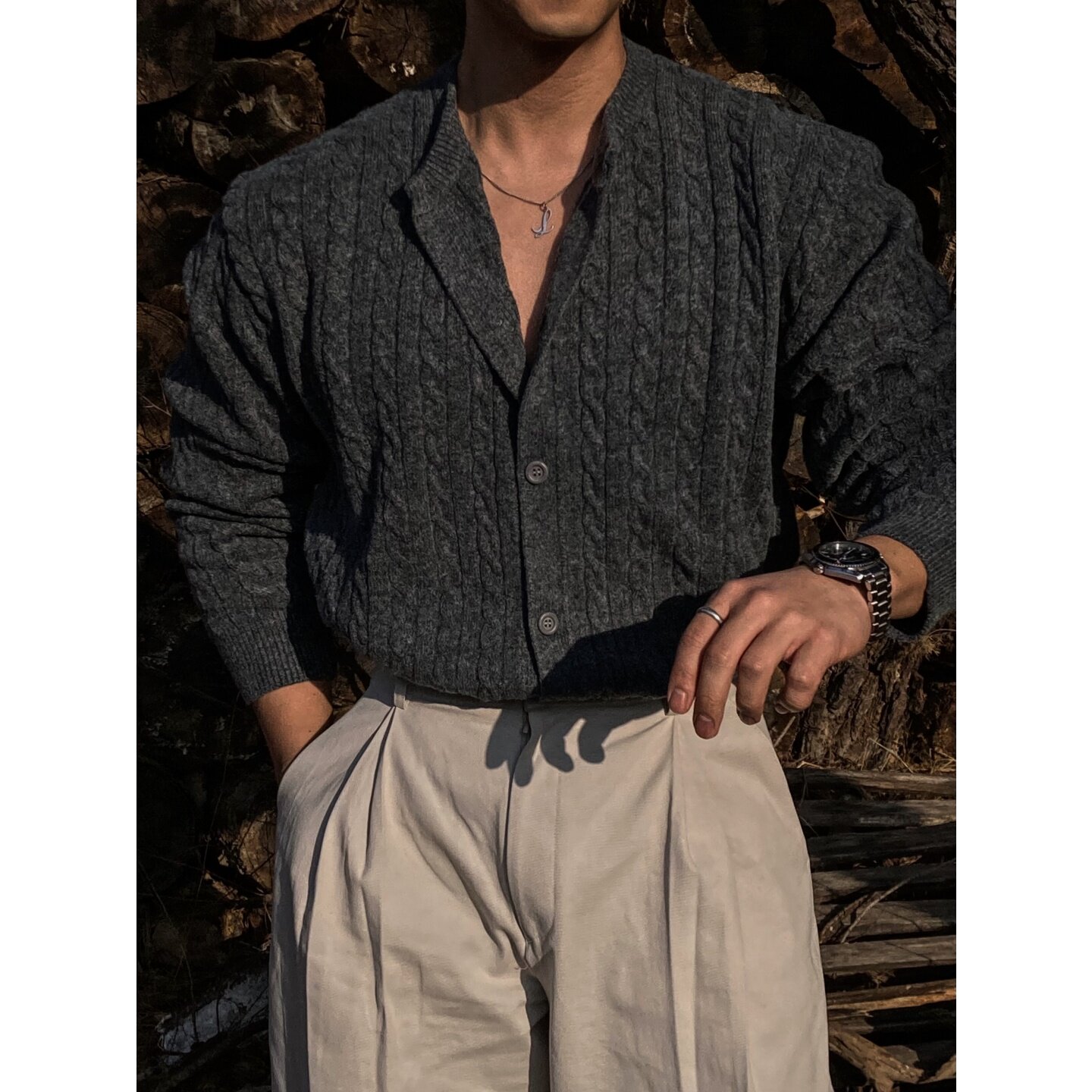 MRDONG韩国代购男装春季粗针麻花编织圆领复古气质开衫毛衣外套