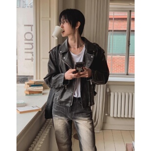 翻领挺阔高街男款 复古机车双拉链皮衣短款 潮酷 男装 MRDONG韩国代购