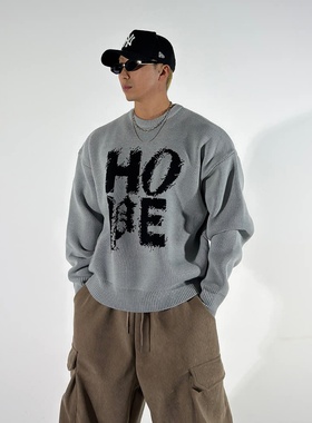 MRDONG韩国代购男装HO字母涂鸦宽松圆领加厚毛衣潮流街头风格款