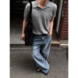 MRDONG韩国代购东大门男装LOGAN天丝开领薄款针织POLO短袖T恤垂感