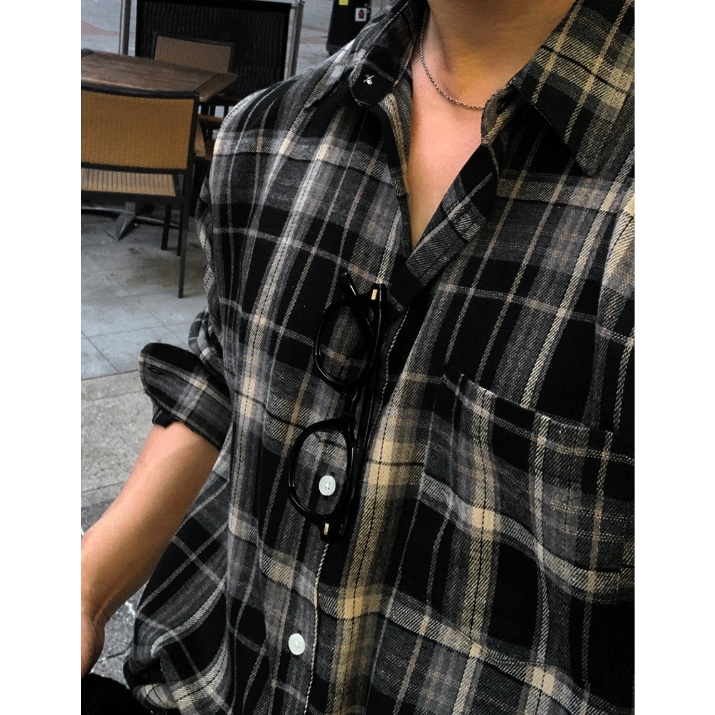 韩国男装秋冬磨毛日常格子纹衬衫