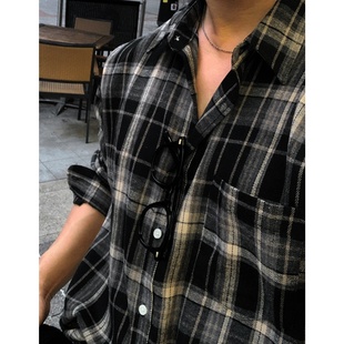 衬衫 秋冬磨毛10色日常休闲复古格子纹宽松长袖 代购 MRDONG韩国男装