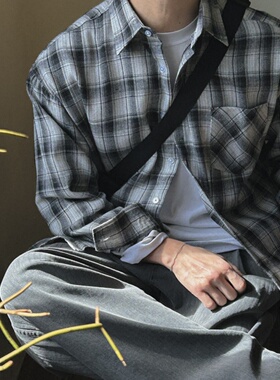 MRDONG韩国代购男装复古格纹宽松衬衫美式休闲设计师高品长袖外套