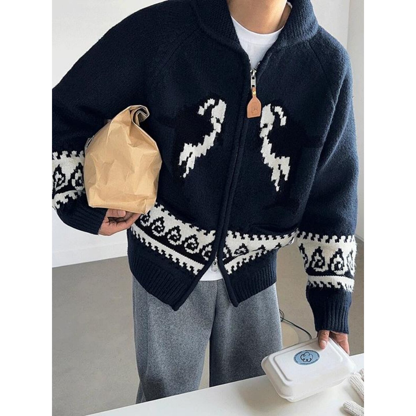 韩国代购冬季企鹅提花开衫外套