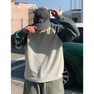 MRDONG韩国代购男装华夫格拼色插肩宽松复古皮格水洗长袖T恤男女