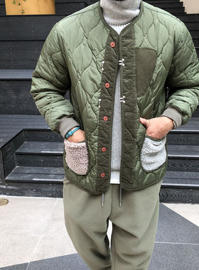 韩国代购波浪绗缝羊羔毛撞色棉服