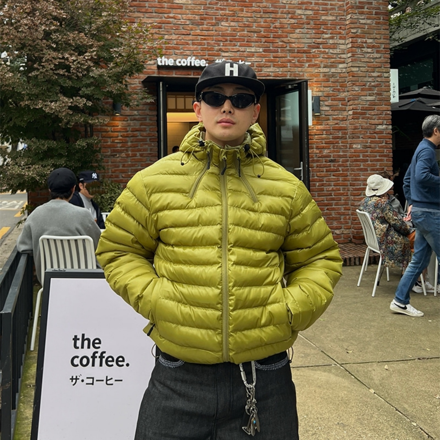 MRDONG韩国男装代购格子暗纹三拉链立领连帽轻量排骨棉服夹克外套