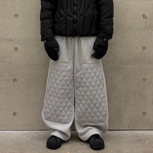 韩国代购 直播男女PULSE重工设计师摇粒绒菱格压纹夹棉拼接休闲裤