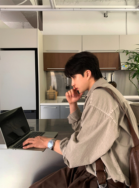 MRDONG韩国男装代购舒适柔软做旧水洗春季休闲设计师大码长袖衬衫