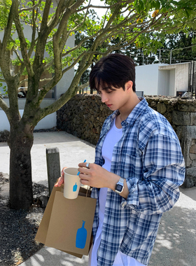 MRDONG韩国男装代购轻薄褶皱纹理时尚格子纹休闲防晒宽松长袖衬衫