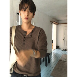 MRDONG韩国代购东大门男装五扣亨利领竹节棉薄款扎线锁边长袖T恤