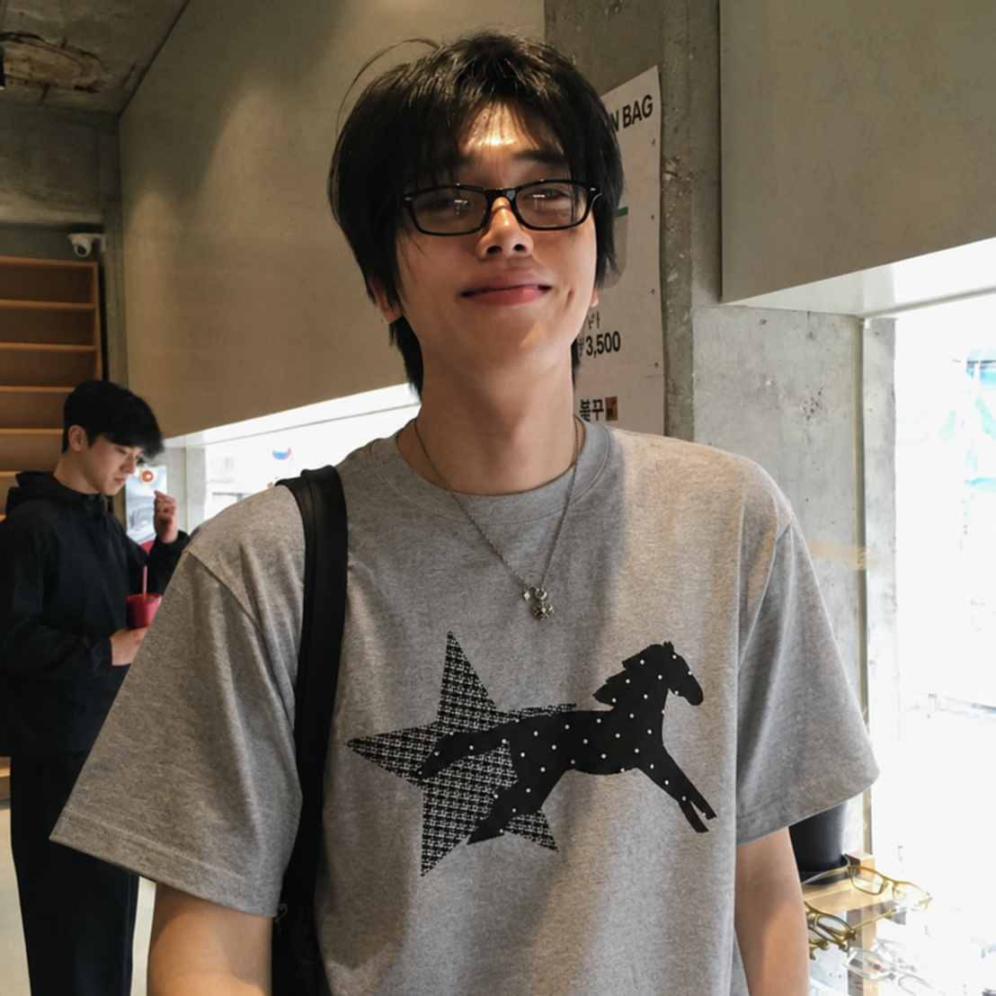 MRDONG韩国代购东大门男装五角星马刺绣宽松短袖T恤灰色小众潮流